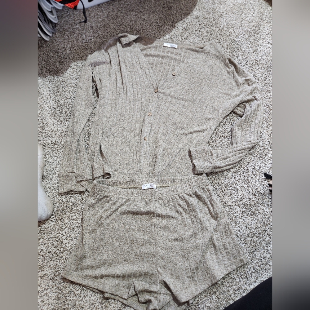Beige Ribbed Knit Cardigan/Top and Shorts Set